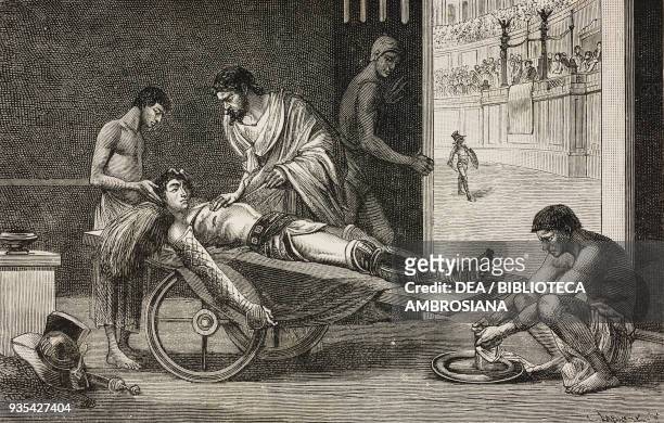 Galen treating a wounded gladiator in the coliseum of Pergamon, 2nd century, illustration by C Gilbert, Know Yourself, Notions of physiology to youth...