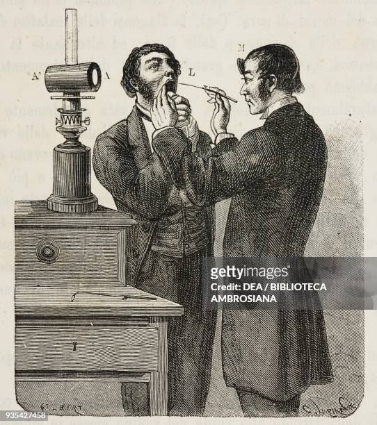 Examination of mouth and larynx with a laryngoscope, illustration by C Gilbert, from Know Yourself, Notions of physiology to youth and educated...