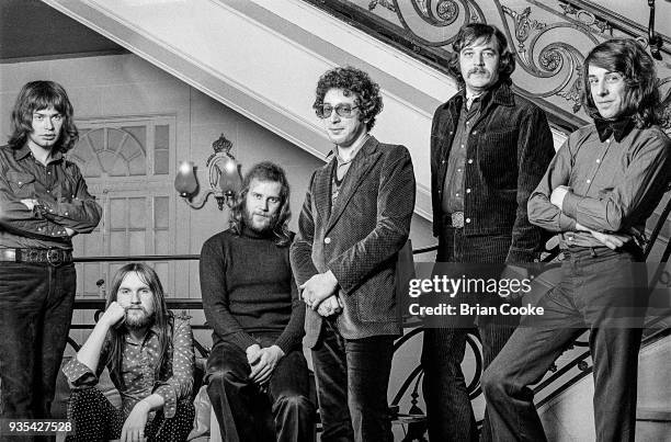 Chris Copping, Mick Grabham, Alan Cartwright, Keith Reid, Garry Brooker and BJ Wilson of Procol Harum photographed at The Theatre Royal in London's...