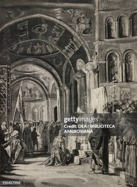 Frederick Barbarossa kneeling before Pope Alexander III in Venice engraving from the Middle Ages by Francesco Bertolini , with illustrations by...