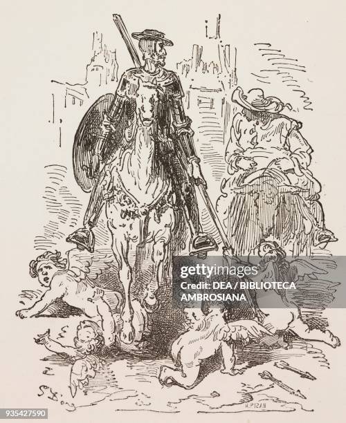 After leaving the palace of the Dukes, Don Quixote feels released from his romantic issues with Altisidora, engraving by Gustave Dore from Don...