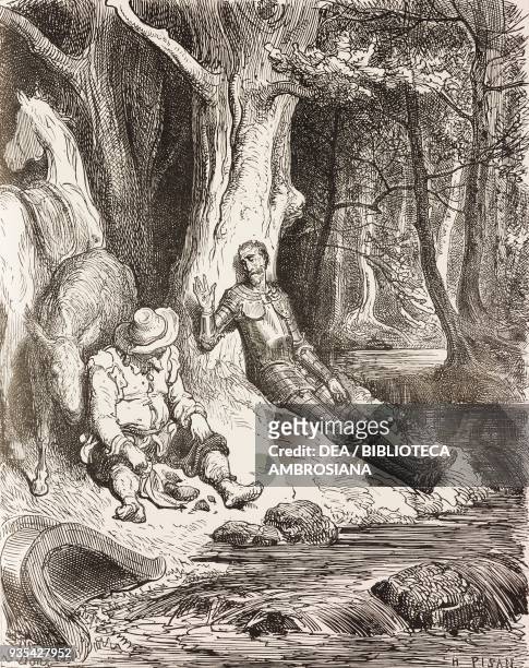 Don Quixote sitting under a tree talking and Sancho Panza eating, engraving by Gustave Dore from Don Quixote of La Mancha by Miguel de Cervantes ,...
