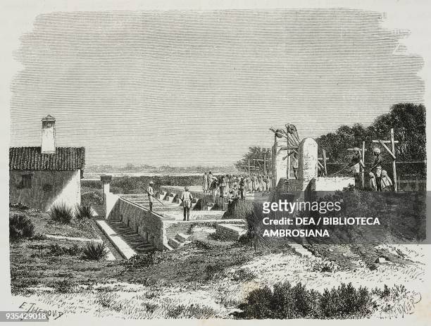 Indigo production plant near Allahbad, engraving from India: travel in Central India and Bengal by Louis Rousselet .