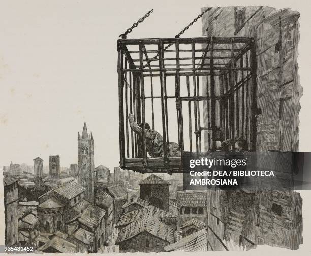 Napoleon della Torre in the cage hanging from the walls of Castel Baradello in Como engraving from the Middle Ages by Francesco Bertolini , with...