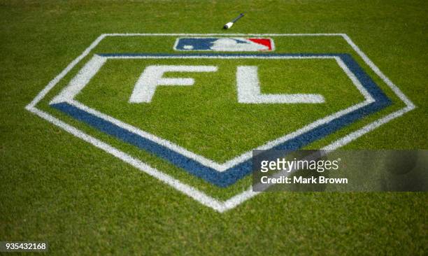 Detailed view of the 2018 Spring Training MLB logo during the spring training game between the New York Yankees and the Miami Marlins at George M....
