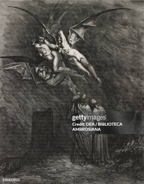 Near the walls of Dis Virgil and Dante see the three Furies Megaera, Alecto and Tisiphone, who summon Medusa to petrify Dante, engraving by Gustave...