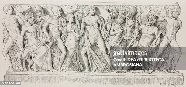 Achilles in Skyros, on the right the king Lycomedes, high relief on a sarcophagus, illustration from Histoire des grecs, volume 1, Formation du...