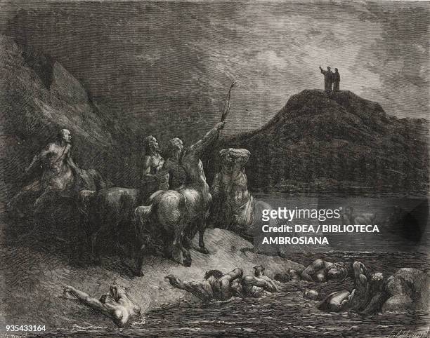 Dante and Virgil see the minotaurs on the bank of the Phlegethon near the seventh circle, the river of blood boiling, engraving by Gustave Dore ,...
