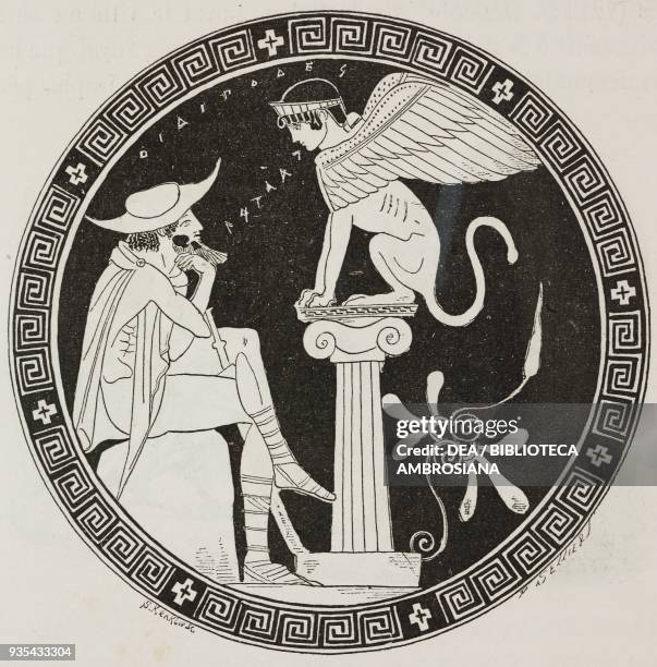 Oedipus and the Sphinx, vase painting, illustration from Histoire des grecs, volume 1, Formation du peuple grec by Victor Duruy .