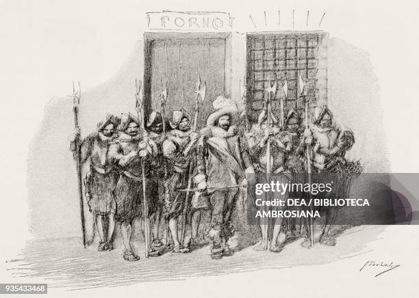 Captain of Justice and the halberdiers lurking at the door of Forno delle Grucce, illustration by Gaetano Previati , from The Betrothed, A Milanese...