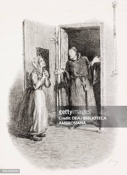 Back at the convent of the Capuchin in Pescarenico, Agnes learns from Fra Galdino that Fra Cristoforo has left, illustration by Gaetano Previati ,...