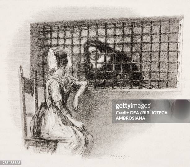 Lucia in the parlor with Gertrude, the Nun of Monza, illustration by Gaetano Previati , from The Betrothed, A Milanese story of the 17th century,...