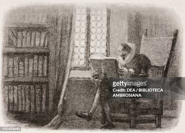 Don Ferrante in his library, illustration by Gaetano Previati , from The Betrothed, A Milanese story of the 17th century, History of the Column of...