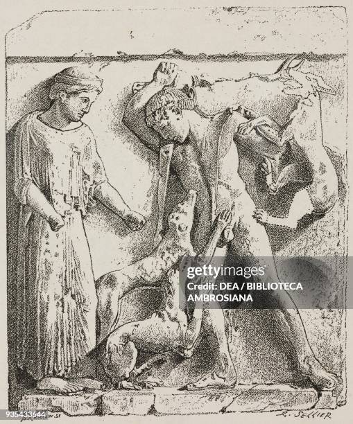 Artemis with Actaeon devoured by his dogs, metope from the temple E of Selinunte, illustration from Histoire des grecs, volume 1, Formation du peuple...
