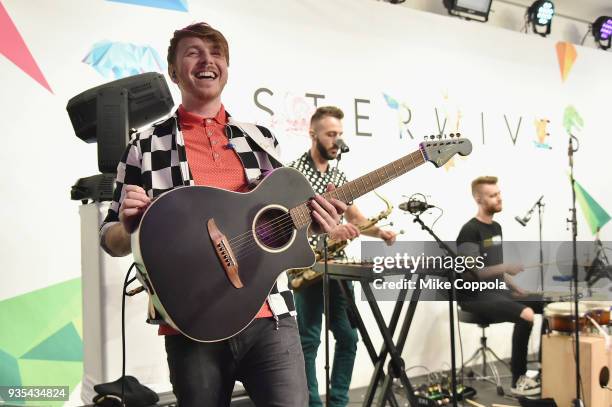 Indie-Rock band Misterwives performs during the Fender California Series Acoustic Guitar launch party at Milk Studios on March 20, 2018 in New York...