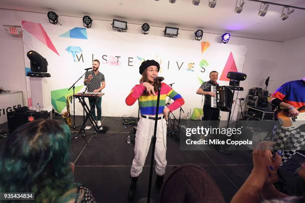 Indie-Rock band Misterwives performs during the Fender California Series Acoustic Guitar launch party at Milk Studios on March 20, 2018 in New York...