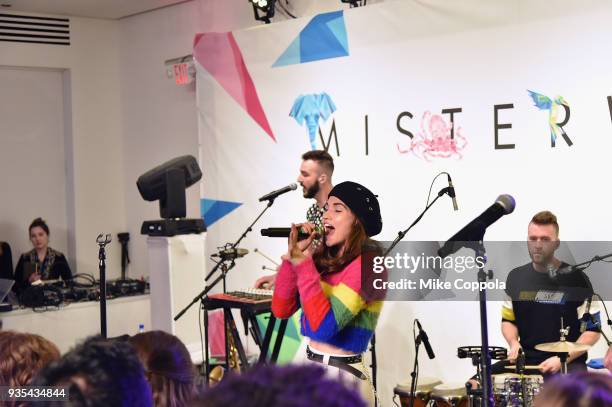 Indie-Rock band Misterwives performs during the Fender California Series Acoustic Guitar launch party at Milk Studios on March 20, 2018 in New York...