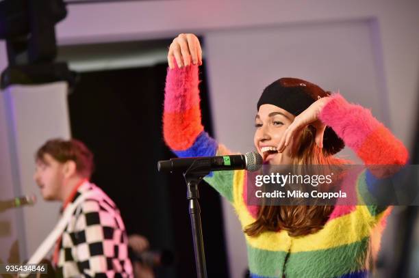 Indie-Rock band Misterwives performs during the Fender California Series Acoustic Guitar launch party at Milk Studios on March 20, 2018 in New York...