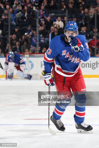 Mika Zibanejad of the New York Rangers reacts after scoring a goal in the third period against the Columbus Blue Jackets at Madison Square Garden on...