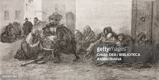 The impoverished peasants flocking to the streets in Milan, illustration by Gaetano Previati , from The Betrothed, A Milanese story of the 17th...