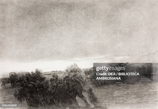 People with wagons on the road having fled their homes, illustration by Gaetano Previati , from The Betrothed, A Milanese story of the 17th century,...