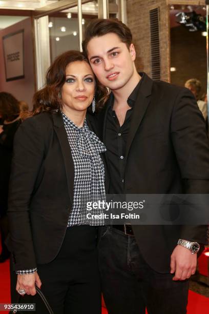 Producer Alice Brauner and her son David Zechbauer attend the Deutscher Hoerfilmpreis at Kino International on March 20, 2018 in Berlin, Germany.