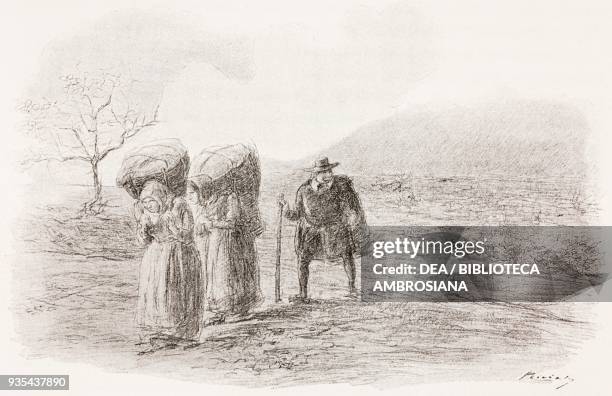 Perpetua, Agnes and Don Abbondio on the way to the Bergamasco border, illustration by Gaetano Previati , from The Betrothed, A Milanese story of the...