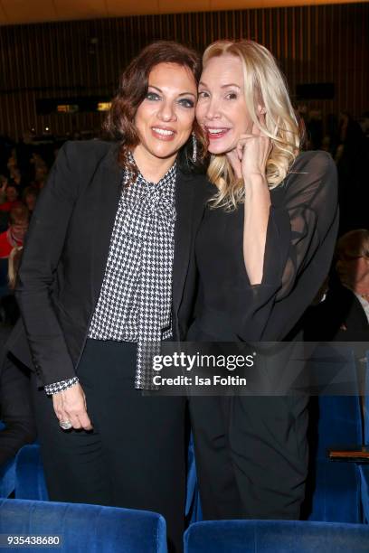 Producer Alice Brauner and Austrian actress and director Feo Aladag attend the Deutscher Hoerfilmpreis at Kino International on March 20, 2018 in...