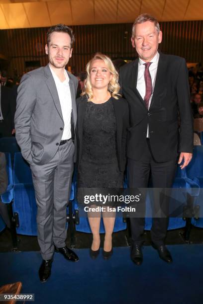 German actor Florian Bartholomaei, Verena Bentele and Lutz Marmor attend the Deutscher Hoerfilmpreis at Kino International on March 20, 2018 in...