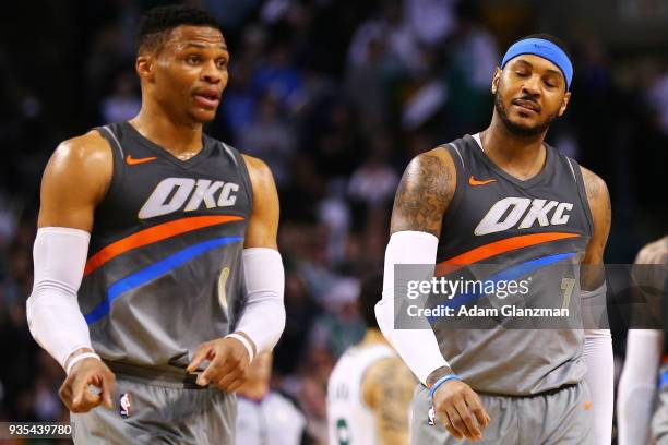 Carmelo Anthony and Russell Westbrook of the Oklahoma City Thunder react after Anthony missed two free throws in the fourth quarter of a game against...