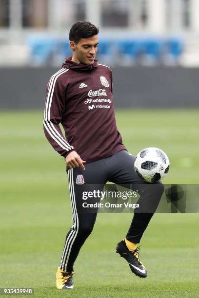 Raul Jimenez controls the ball during the Mexico National Team training session at Avaya Stadium on March 20, 2018 in San Jose, California.