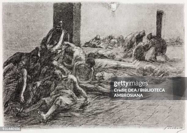 The Monatti employed to transport bodies to the mass graves and bury them as well as bringing the sick to the hospital, illustration by Gaetano...