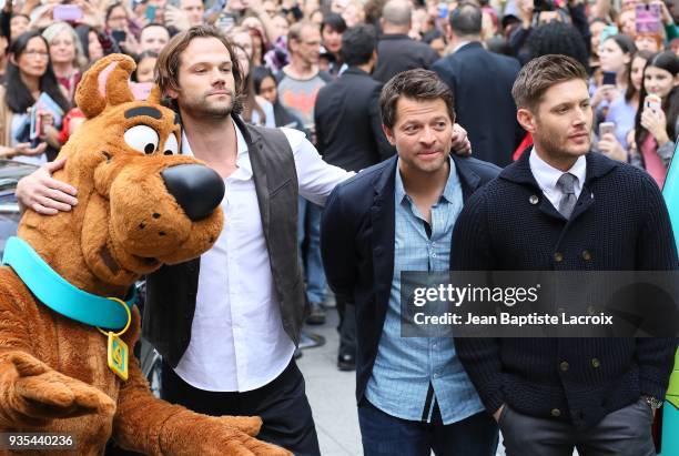 Jensen Ackles, Jared Padalecki and Misha Collins attend the 2018 PaleyFest Los Angeles screening and panel discussion of CW's 'Supernatural' on March...