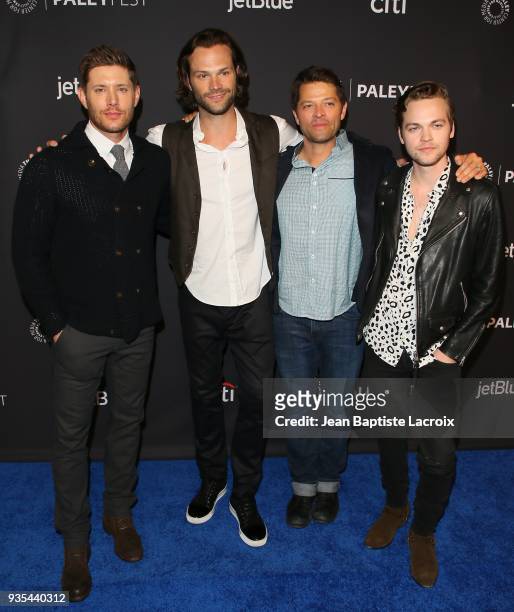 Jensen Ackles, Jared Padalecki, Misha Collins and Alexander Calvert attend the 2018 PaleyFest Los Angeles screening and panel discussion of CW's...