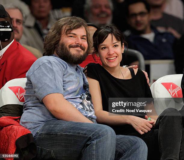 Jack Black and Tanya Hayden attend a game between the New Orleans Hornets and the Los Angeles Lakers at Staples Center on December 1, 2009 in Los...