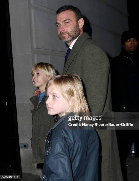 Samuel Kai Schreiber, Liev Schreiber and Alexander Pete Schreiber are seen on March 20, 2018 in New York City.