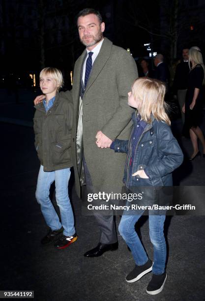 Samuel Kai Schreiber, Liev Schreiber and Alexander Pete Schreiber are seen on March 20, 2018 in New York City.