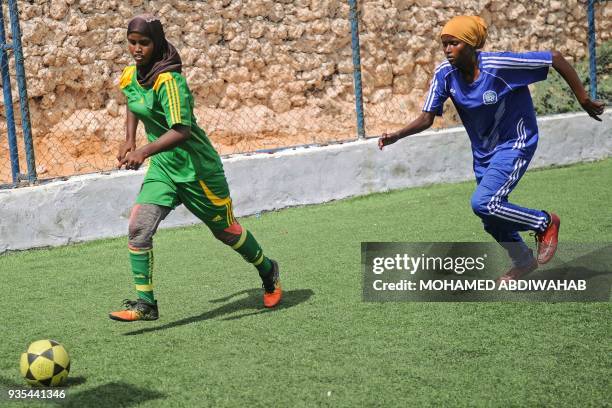 Somali football players of Golden Girls Football Centre, Somalia's first female soccer club, attend their training session at Toyo stadium in...