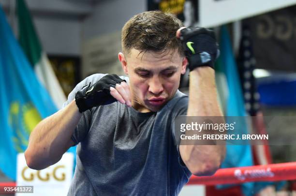 Boxer Gennady Golovkin works out during a media event on March 20, 2018 in Big Bear, California, ahead of his fight against Canelo Alvarez in Las...