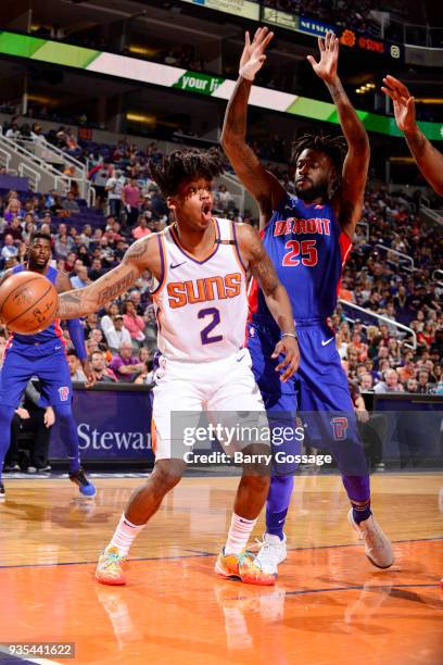 Elfrid Payton of the Phoenix Suns handles the ball during the game against the Detroit Pistons on March 20, 2018 at Talking Stick Resort Arena in...