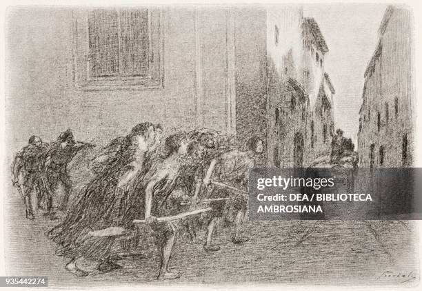 Renzo, mistaken for an infector, is saved from the angry crowd by jumping on the wagon for the dead, illustration by Gaetano Previati , from The...