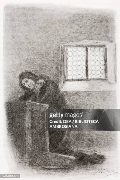 Gertrude in prayer after being locked up in a convent in Milan, illustration by Gaetano Previati , from The Betrothed, A Milanese story of the 17th...