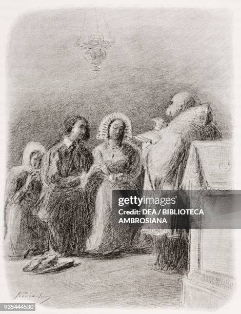 Don Abbondio celebrating Renzo and Lucia's wedding, illustration by Gaetano Previati , from The Betrothed, A Milanese story of the 17th century,...