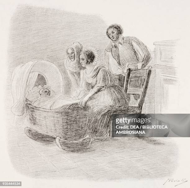 Agnese, Renzo, Lucy and their daughter Maria, illustration by Gaetano Previati , from The Betrothed, A Milanese story of the 17th century, History of...