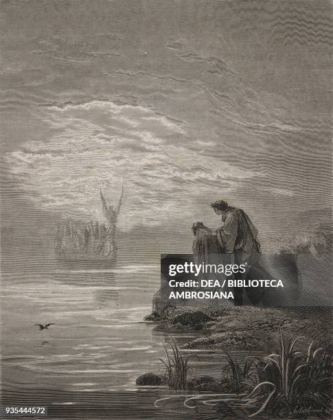 Virgil and Dante see an angel of Paradise approaching, engraving by Gustave Dore , Canto II, Purgatory, Divine Comedy by Dante Alighieri , 1869...