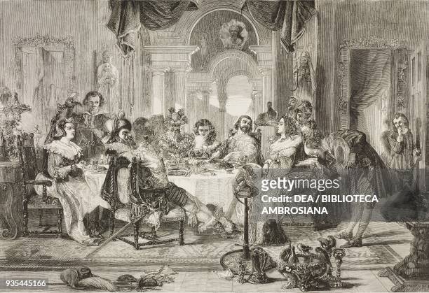 Men and women in seventeenth century clothes at the table , from a painting by Daniel Maclise , illustration from the magazine The Illustrated London...