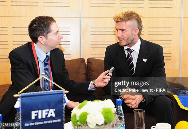 David Beckham is interviewed by Martin O'Boyle for Fifa.com at the Cape Town International Convention Centre on December 2, 2009 in Cape Town, South...