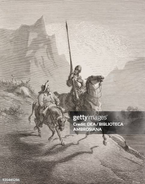 Don Quixote riding on Rocinante and Sancho Panza on his donkey Dapple as they ride off on their adventures, leaving the Panza farm, engraving by...