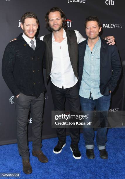 Jensen Ackles, Jared Padalecki and Misha Collins attend the 2018 PaleyFest Los Angeles - CW's "Supernatural" at Dolby Theatre on March 20, 2018 in...