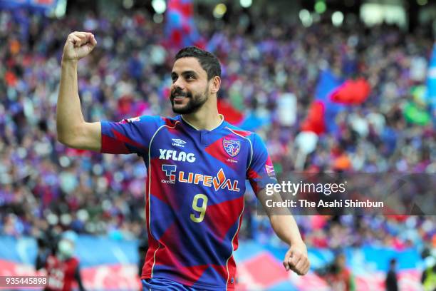 Diego Oliveira of FC Tokyo celebrates scoring the opening goal during the J.League J1 match between FC Tokyo and Shonan Bellmare at Ajinomoto Stadium...